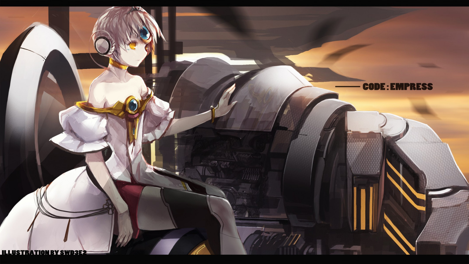 anime, anime girls, occhi gialli, capelli corti, Calze, cuffie, macchina, capelli grigi, Persona, swd3e2, Elsword, Eve Elsword, immagine dello schermo, mecha