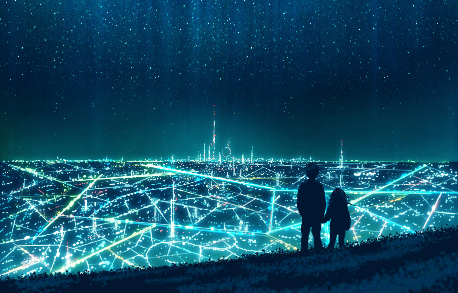1920x1230 pikseli, Miasto, neon, fantastyka naukowa, sylwetka, przestrzeń, statek kosmiczny, gwiazdy