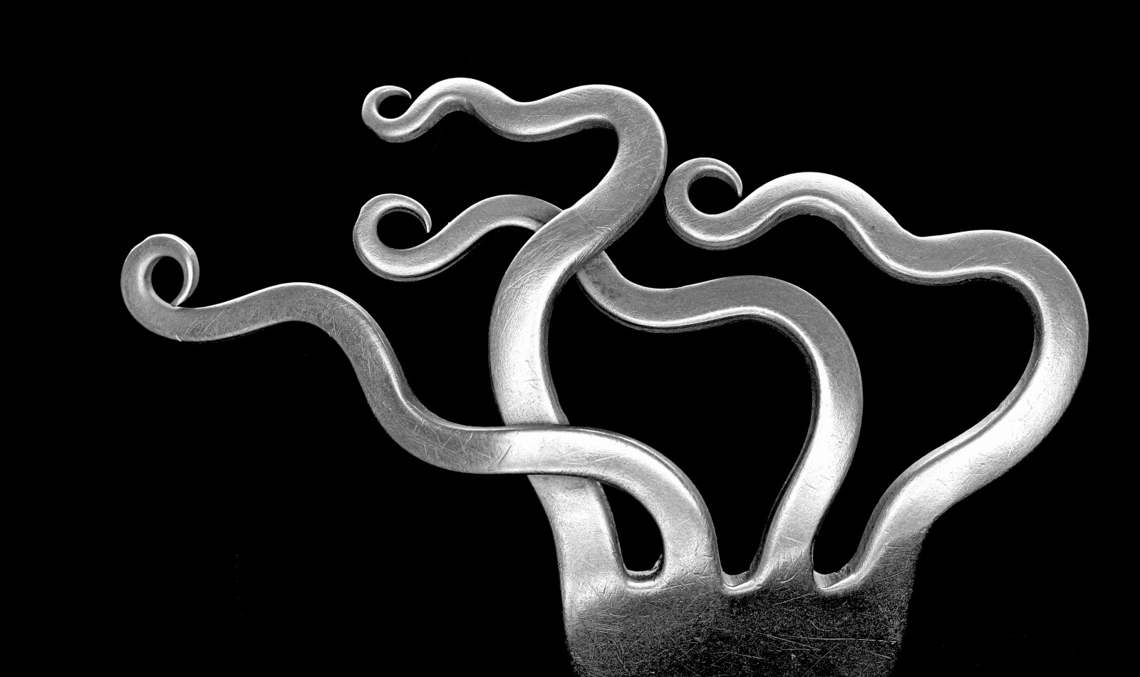 78prongsfor117in2017, 117picturesin2017, 117in2017, Zacken, Gabel, Forknapkinring, Metall, schwarzer Hintergrund, Bentprongs, Drinnen, innen, schwarz, Silber-, Makro, Makro, Makrofotografie, Kanon, Tokinalens, einfarbig, Flowrwolf