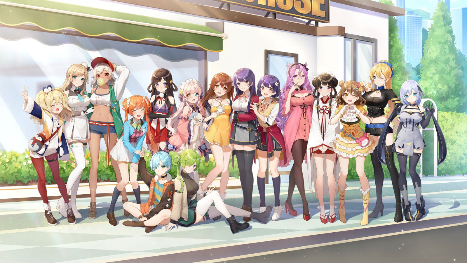 girl cafe gun, anime dívky, Group of anime, heterochromia, čepice, žvýkačka