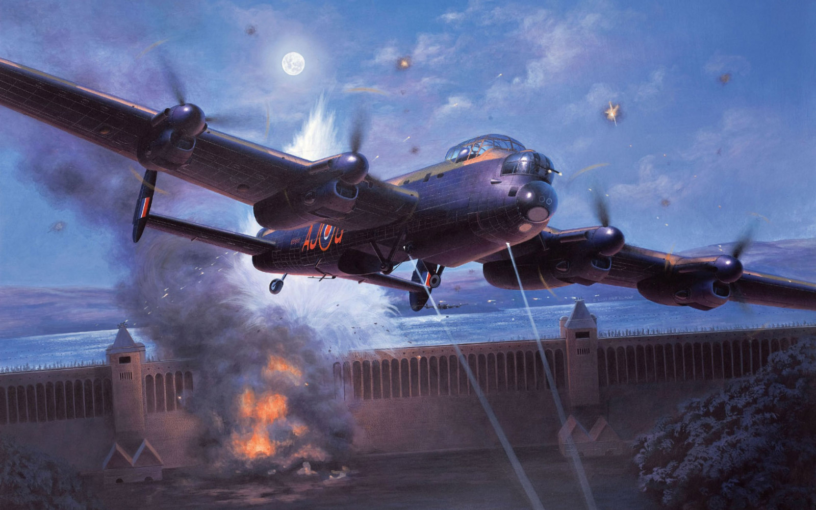 aereo, Luna, notte, volante, guerra, esercito, militare, Avro Lancaster