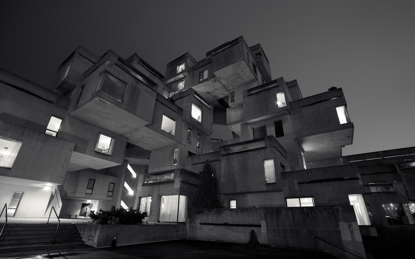 luci, bianca, nero, monocromo, finestra, notte, architettura, costruzione, casa, cubo, moderno, cielo sereno, Canada, le scale, Montreal, Habitat 67, Expo 67, Moshe Safdie, leggero, illuminazione, oscurità, bianco e nero, fotografia in bianco e nero