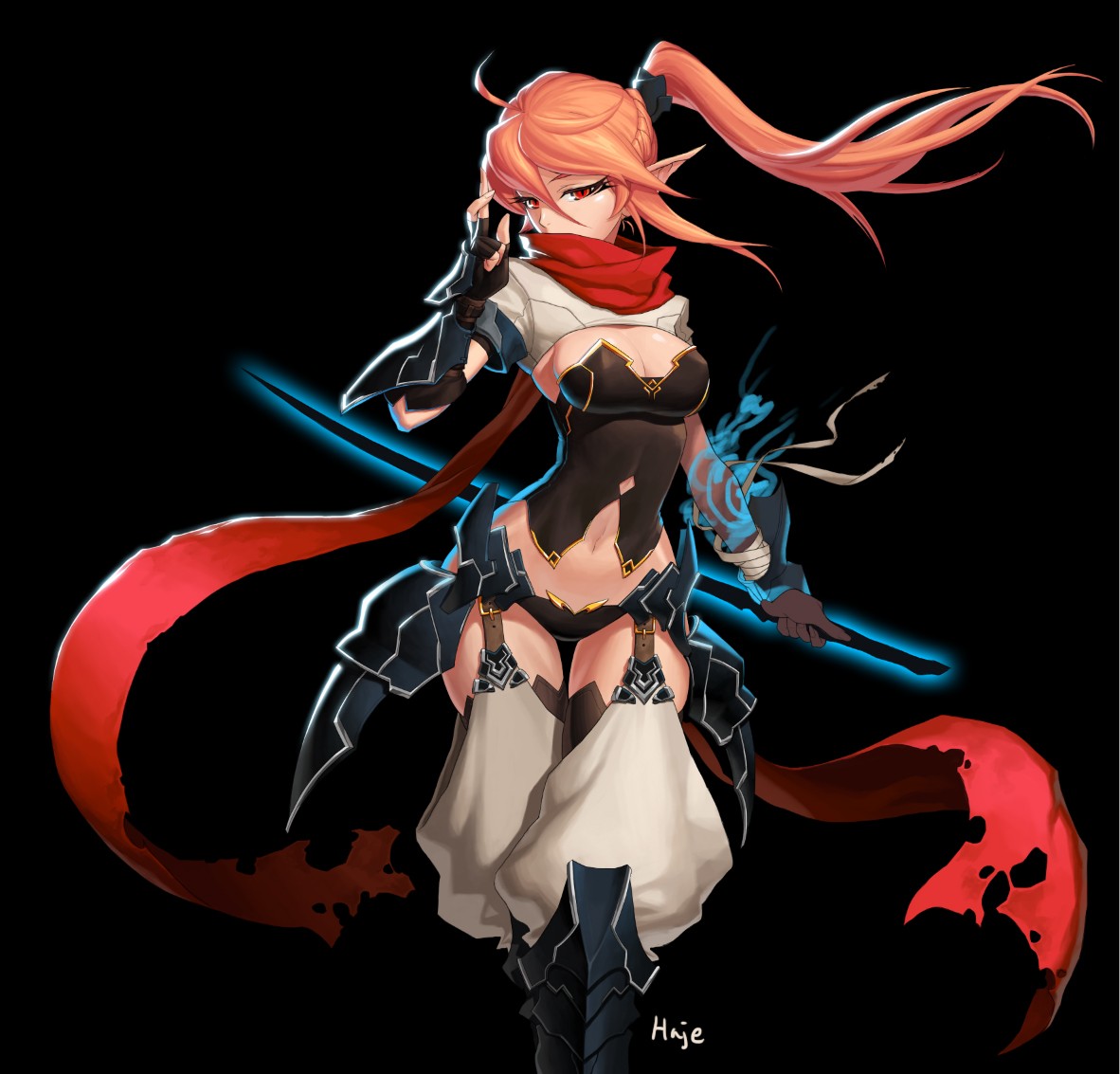 illustratie, redhead, eenvoudige achtergrond, zwarte achtergrond, lang haar, anime, animemeisjes, wapen, spotprent, katana, decollete, demon, tieten, slipje, Persoon, fictief personage, beroep