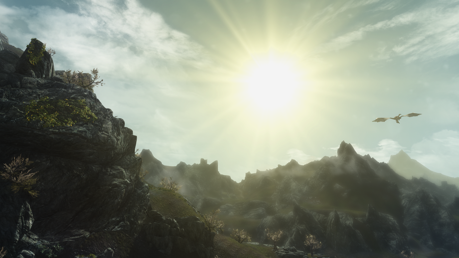 luce del sole, videogiochi, natura, cielo, Alba, mattina, nebbia, Sole, atmosfera, The Elder Scrolls V Skyrim, nube, nebbia, montagna, alba, immagine dello schermo, fenomeno atmosferico, sfondo del computer, atmosfera della terra, morfologie montane, catena montuosa