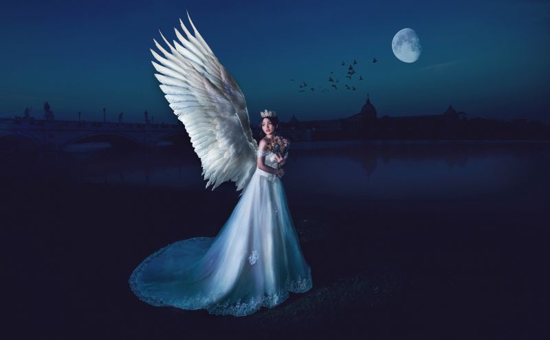 ženy, fantasy umění, noc, anděl, modrý, měsíční svit ženy, fantasy umění, noc, anděl, modrý, měsíční svit
