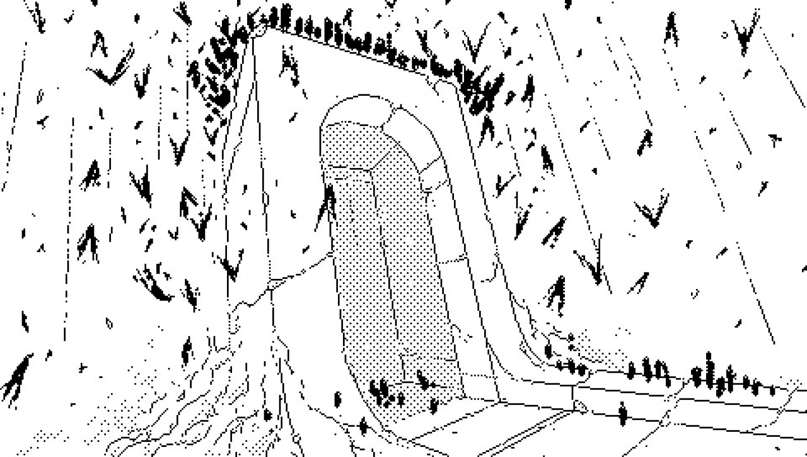 Devine Lu Linvega, černobílý, ilustrace, pixel art, sci-fi, oblouk