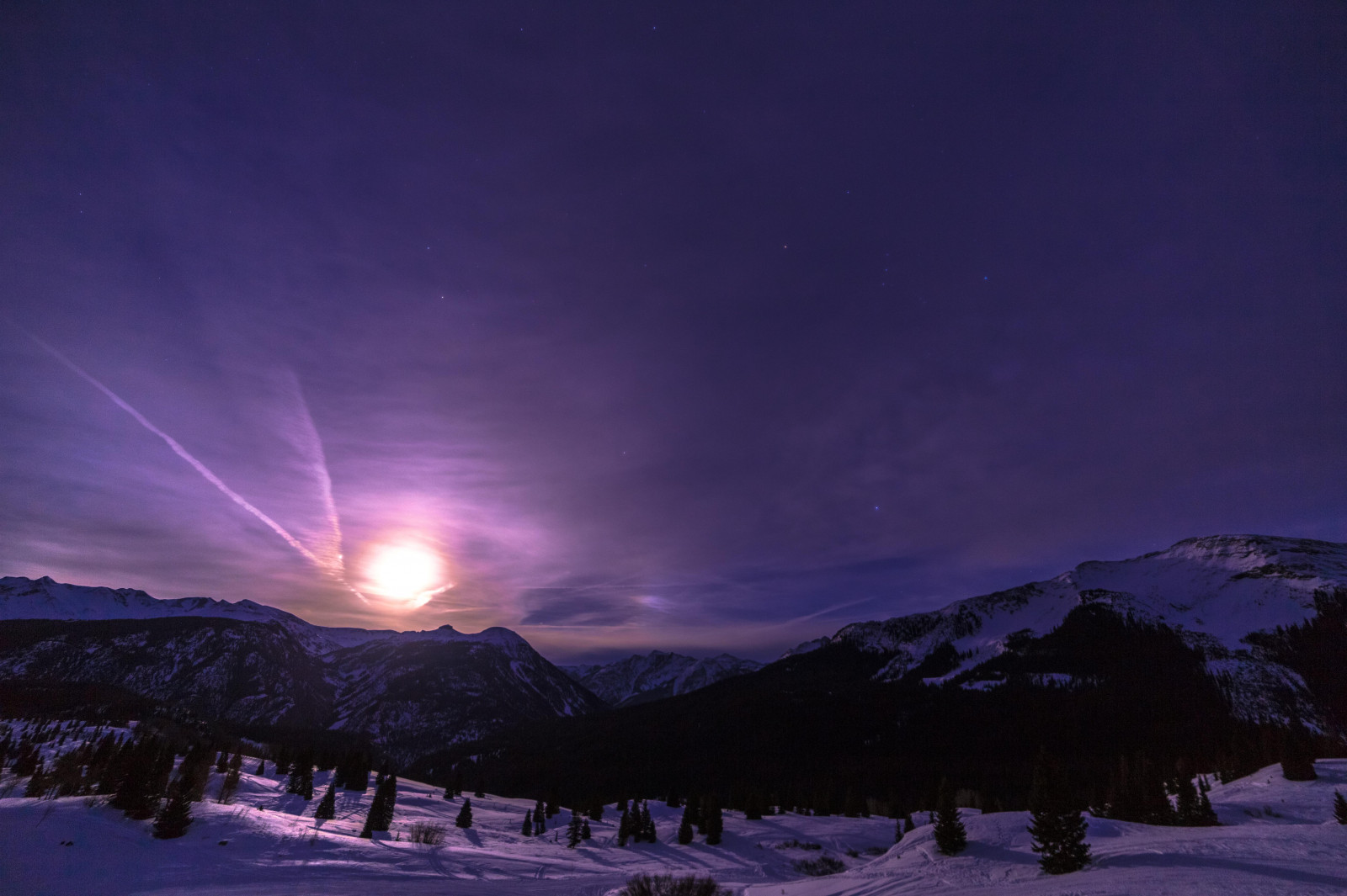 modrý, stromy, zima, nebe, Měsíc, sníh, noc, Kánon, hvězdy, Dálnice, Colorado, nachový, Silverton, Evergreen, údolí, backcountry, skalnaté hory, Durango, sanjuanmountains, Animas, Lightroom, 550, 6d, Miliondolarová dálnice, 14mm, Molaspass, Weminuchewilderness, rokinon, Sanjuanskyway, Dolica