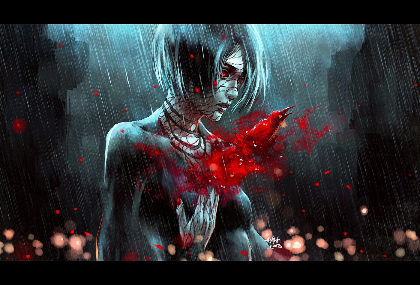 ptactvo, fantasy umění, fantasy dívky, červené oči, krev, NanFe, půlnoc, tma, Snímek obrazovky, počítač tapeta, fiktivní postava, zvláštní efekty