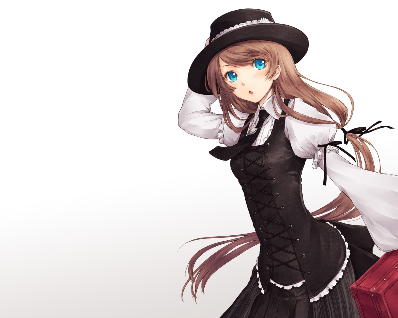 dívka, bruneta, čepice, korzet, pozdě