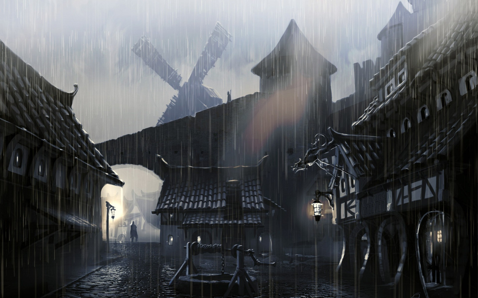 ファンタジーアート, シティ, 都市景観, 夜, 建物, 反射, 雪, ファンタジーシティ, 大都市, 光, 天気, 闇, スクリーンショット, 大気現象