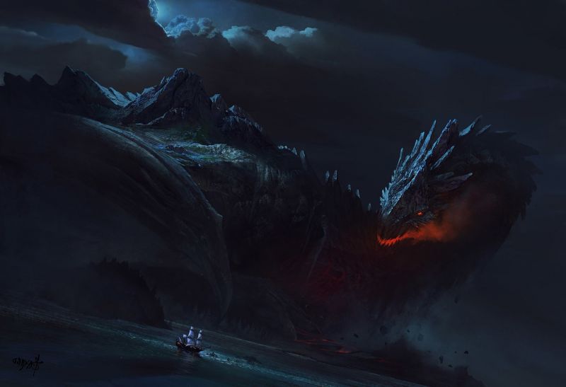 hajó, fantasy art, éjszaka, sárkány, szellemhajó, Terep hajó, fantasy art, éjszaka, sárkány, szellemhajó, Terep