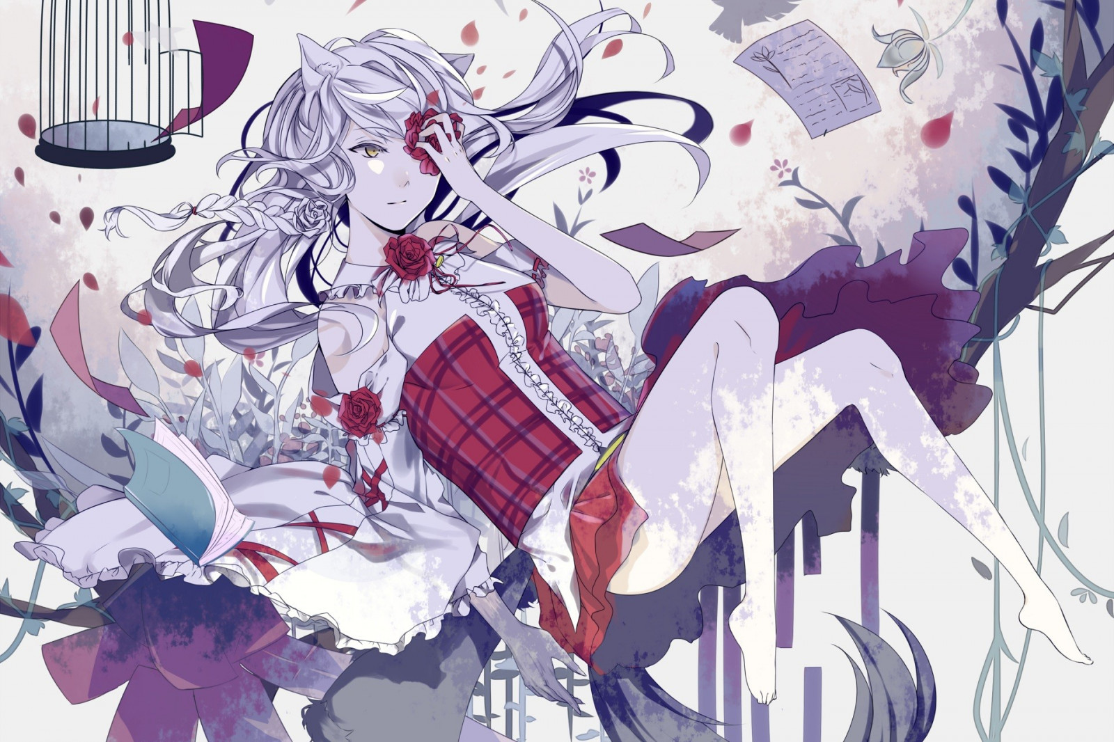 výkres, ilustrace, květiny, dlouhé vlasy, anime, žluté oči, zvířecí uši, naboso, knihy, kreslená pohádka, šedé vlasy, Pletené pásy, růže, polychromie, klece, skica, mangaka