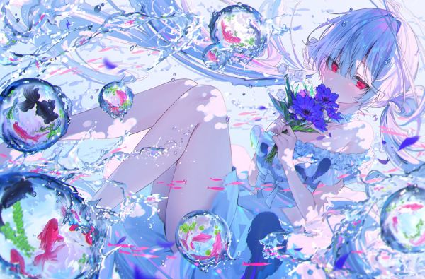 anime girls,looking at viewer,underwater,red eyes,blue hair,expressionless