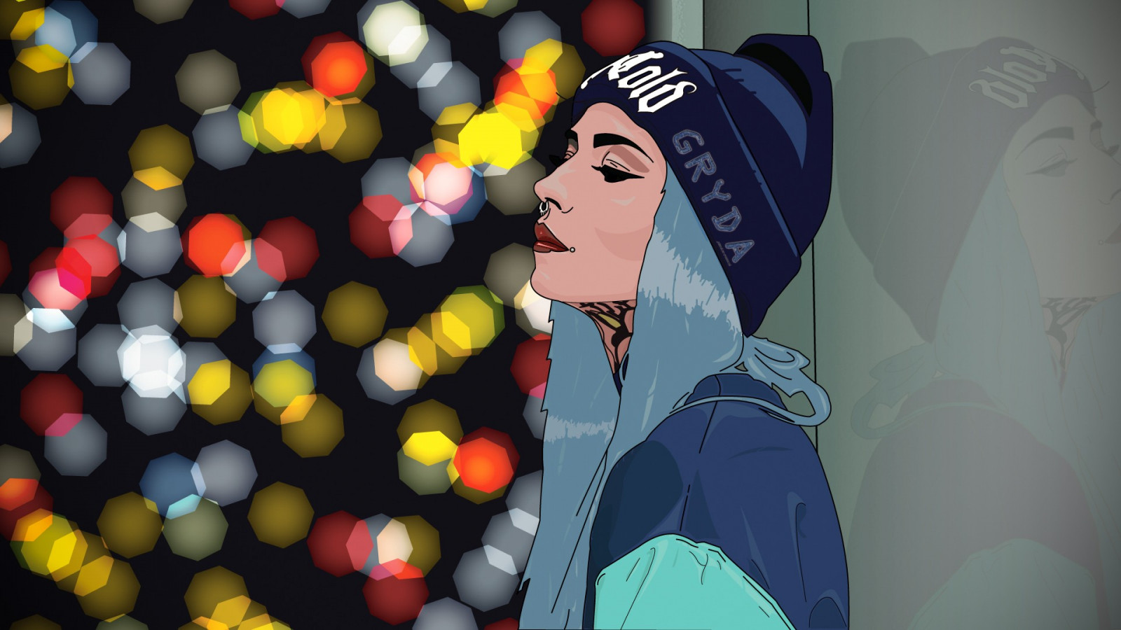 světla, výkres, ilustrace, ženy, kroužky v nose, okno, modré vlasy, odraz, umělecká díla, tetování, rtěnka, modrý, bunda, pronikavý, Adobe Illustrator, fishball Suicide, Felisja Piana, čepec, korekce barev, barva