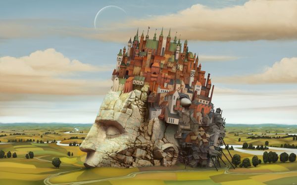 landscape, digital art, fantasy art, city, anime, face