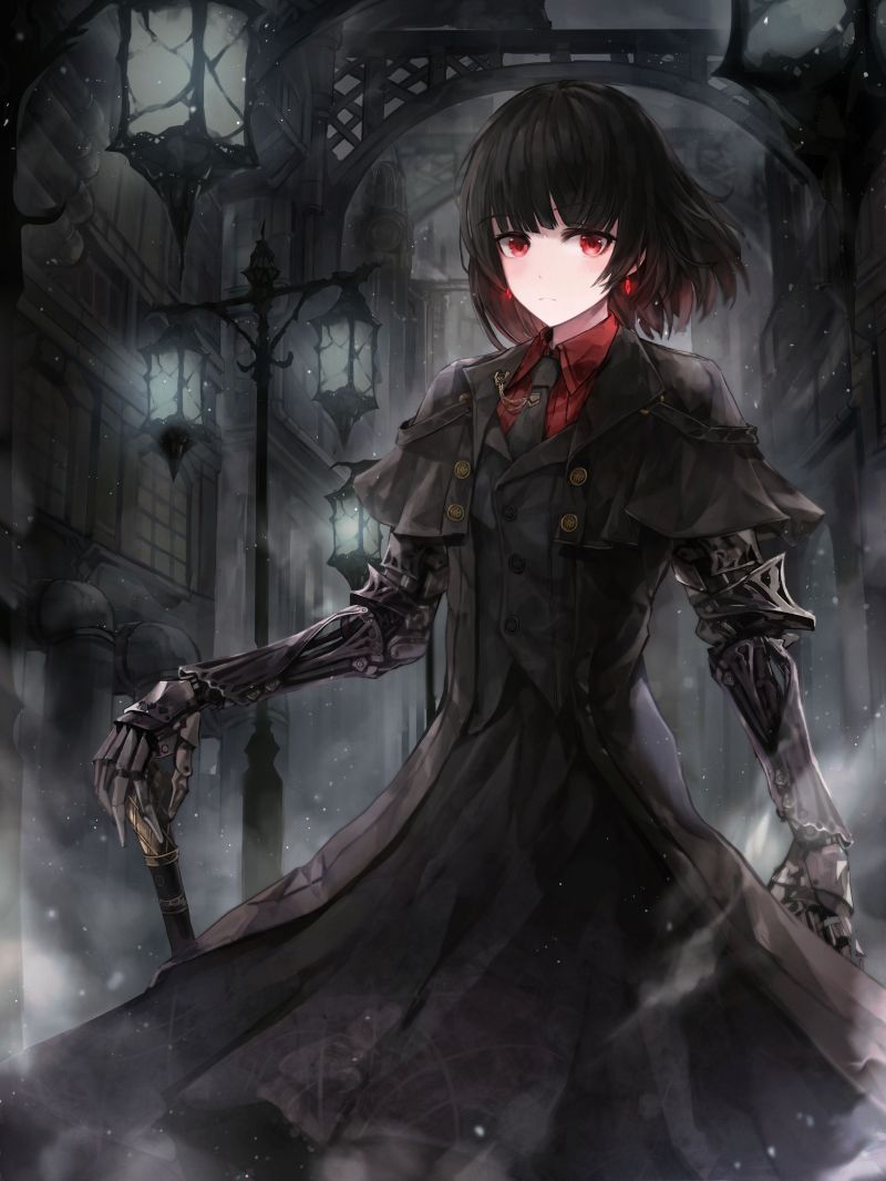 anime,anime girls,red eyes,dark dark background,black hair
