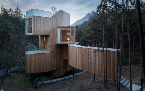 forest, house, architecture, modern, trees, wood house
