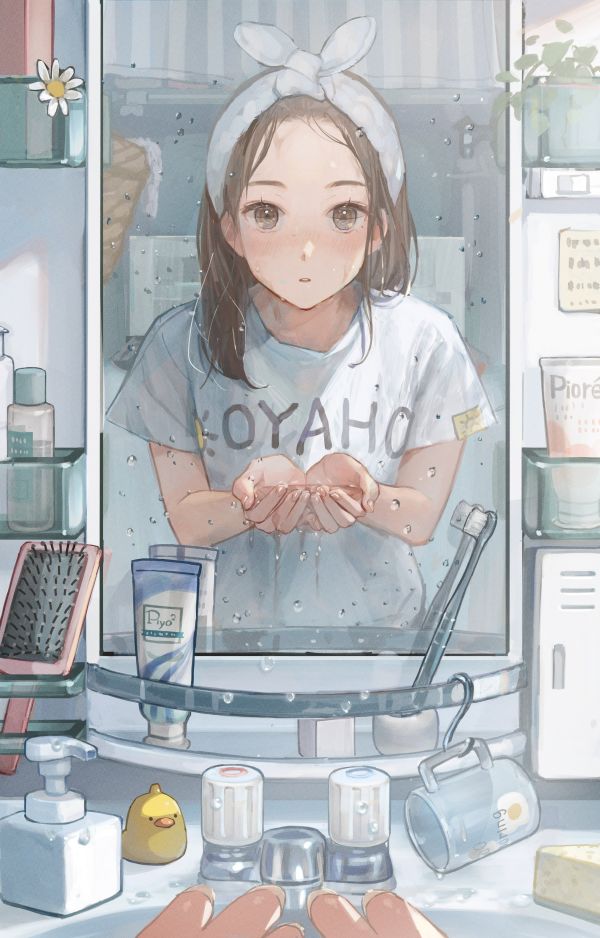 anime girls,mirror,bathroom,looking at viewer,short hair