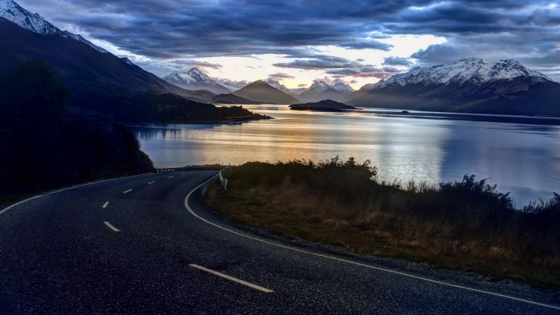 paesaggio, lago, riflessione, strada, mattina, orizzonte paesaggio, lago, riflessione, strada, mattina, orizzonte