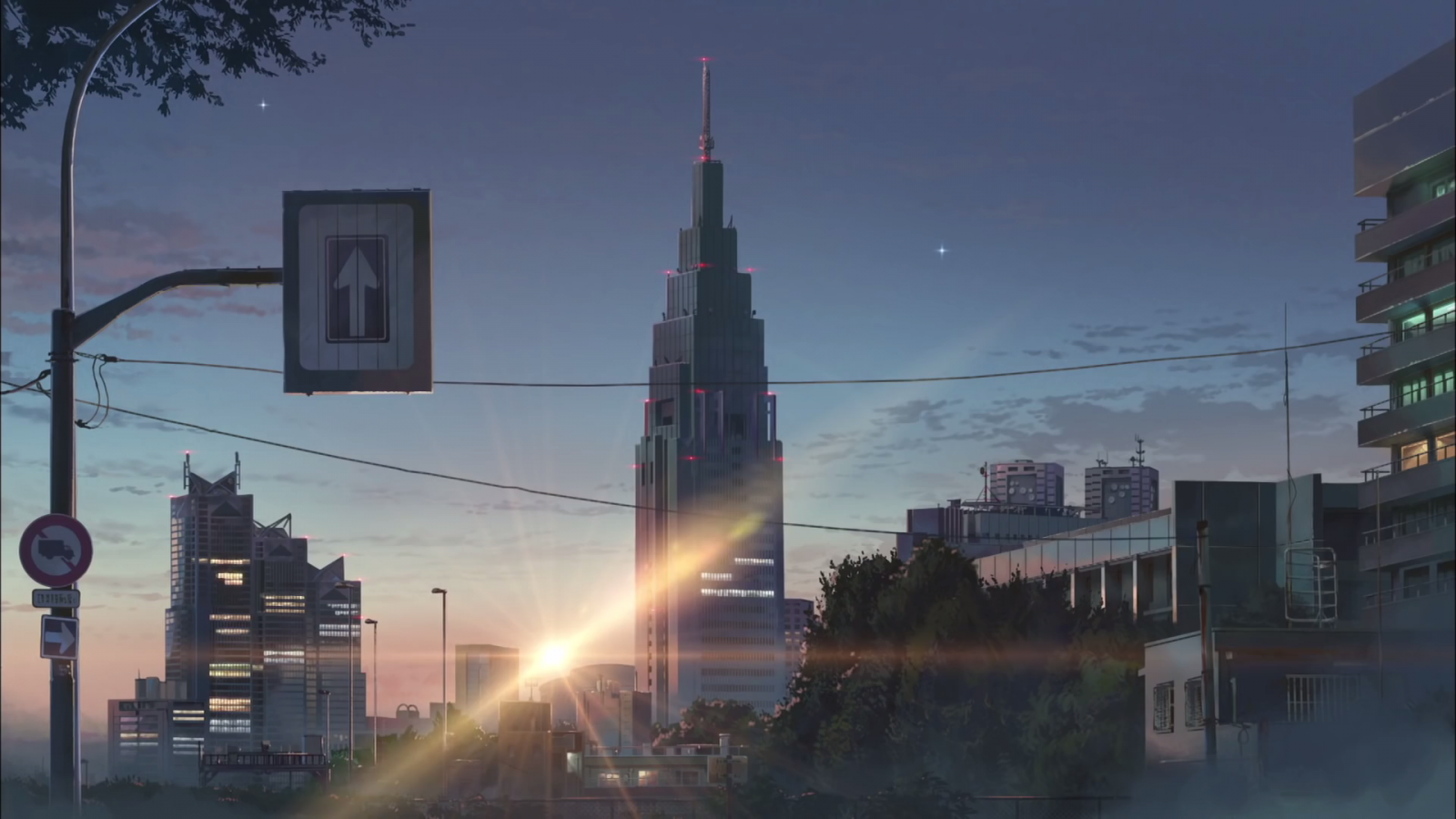 tramonto, città, paesaggio urbano, anime, costruzione, orizzonte, grattacielo, sera, Torre, segni, razzi, crepuscolo, Makoto Shinkai, metropoli, centro, punto di riferimento, immagine dello schermo, fenomeno atmosferico, insediamento umano, palazzone