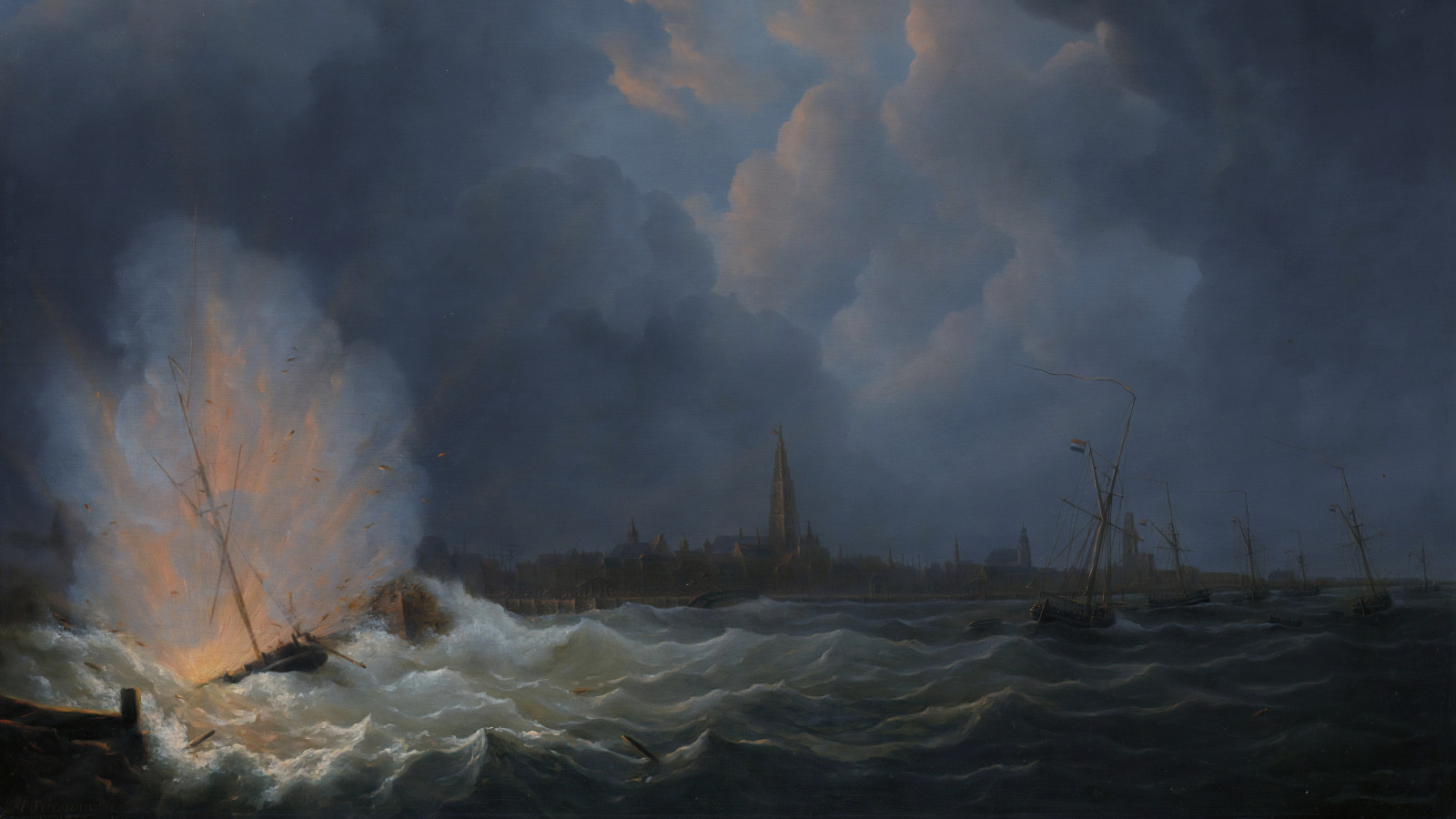 Exploding Ship Painting Wallpaper : clouds, overcast, explosion, maritime, ocean battle ...
