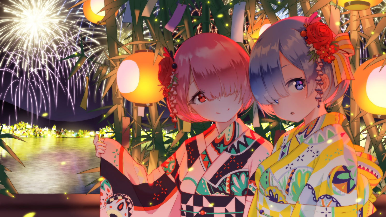 Anime Chicas anime Movimiento rápido del ojo Rem Re Zero Ram re zero fuegos artificiales Yukata Cero Re Zero Kara Hajimeru Isekai Seikatsu cabello rosado pelo azul Arte japonés Gemelos arte de fan