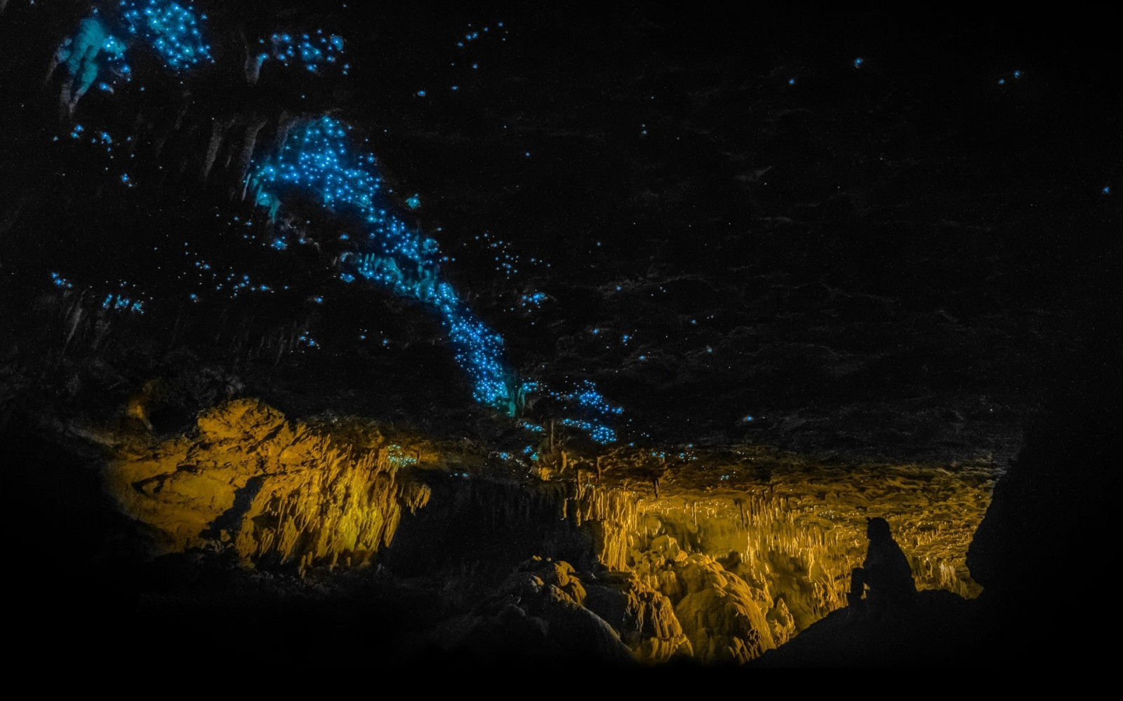 muži, krajina, temný, noc, Skála, Příroda, odraz, nebe, stín, fotografování, modrý, měsíční svit, jeskyně, Nový Zéland, Uvnitř, světlušky ve tmě, světlo, tma, Snímek obrazovky, 1920x1200 px, počítač tapeta, astronomický objekt