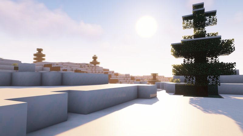 nieve,Minecraft,ComplementaryShaders v4 7 1,luz de sol,Cubierto de nieve,Pinos