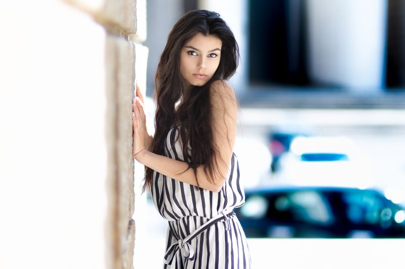 Brille, Kleid, Frau, Modell-, lange Haare, Fotografie