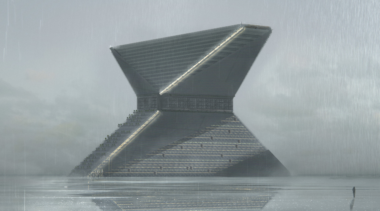 sci-fi, déšť, odraz, voda, zatažený, architektura, budova