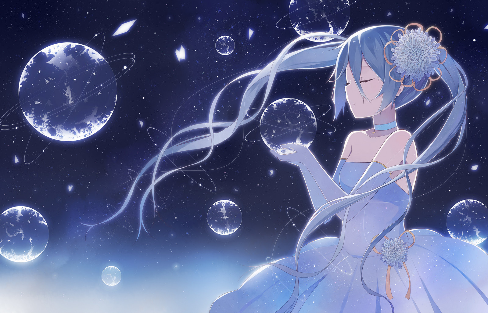 illustration, planet, rymden, Vocaloid, Hatsune Miku, universum, blomma, kvinna, skärmdump, dator tapet, yttre rymden, astronomiskt objekt