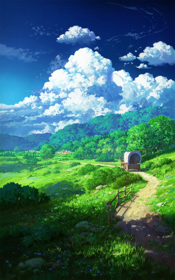 portrait display,grass,sky,carriage,trees,Bushes