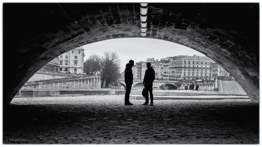 miehet, varjo, ombres, pont, silta, rue, katu, Pariisi, BW, Huom, noirblanc, musta valkoinen