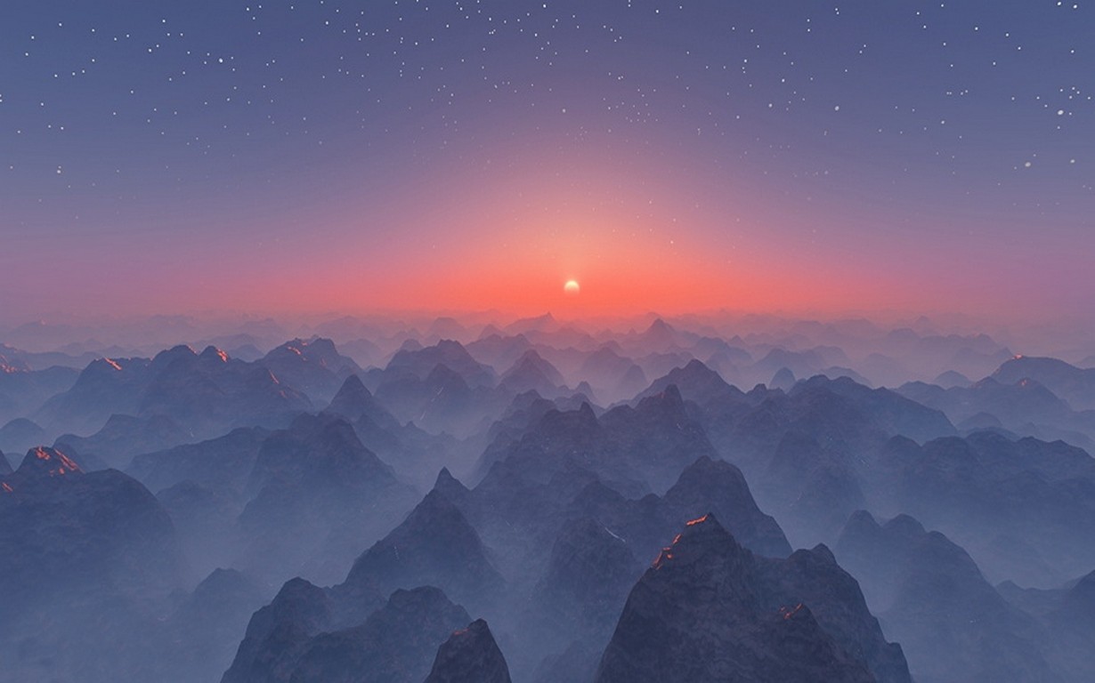 風景, 山々, デジタルアート, 日没, 自然, 星, CGI, 日の出, 落ち着いた, ミスト, 地平線, 雰囲気, 山, 夜明け, スクリーンショット, 大気現象, コンピュータの壁紙, 山岳地形, 地質学的現象, 山脈