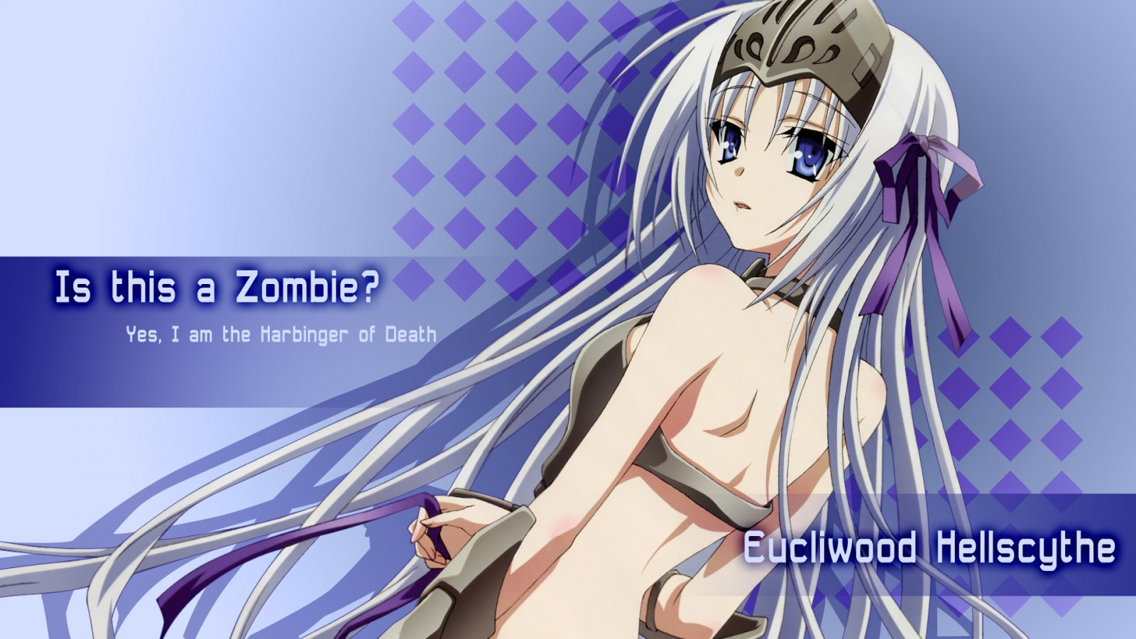 ภาพประกอบ, ผมขาว, อะนิเมะ, สาวอะนิเมะ, ดวงตาสีฟ้า, งานศิลปะ, การ์ตูน, Kore wa Zombie Desu ka, ริบบิ้น, Eucliwood Hellscythe, มังงะ