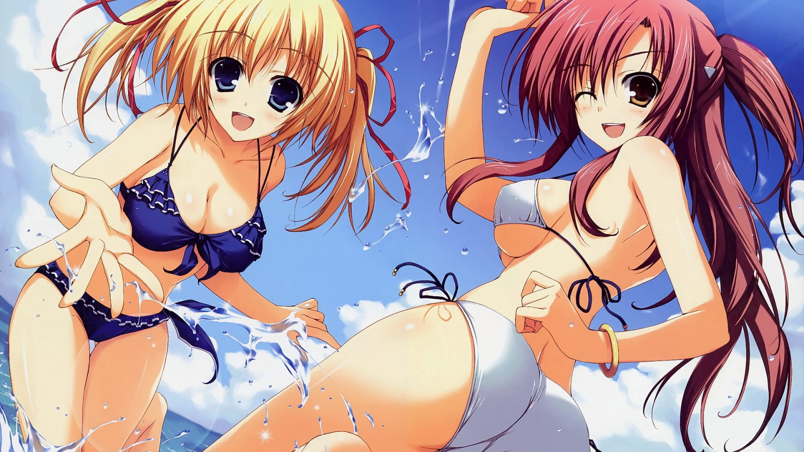 ilustracja, blond, długie włosy, Anime, Dziewcząt anime, Żółte oczy, niebieskie oczy, brunetka, tyłek, Patrząc na widza, Praca plastyczna, Uśmiecha się, rysunek, czarne włosy, bikini, Mokre ubrania, Akatsuki no Goei, Kurayashiki Tae, Nikaidoh Reika, Mangaka