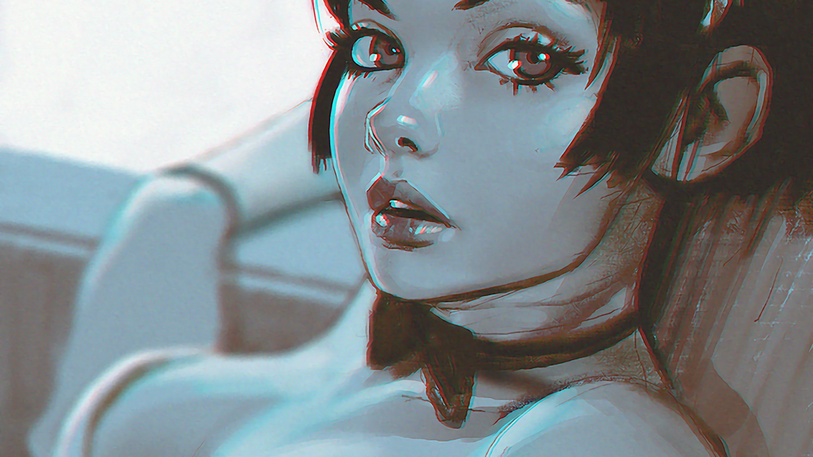 ansigt, tegning, portræt, blå, Ilya Kuvshinov, tøj, hoved, KUNST, farve, pige, skønhed, øje, kvinde, dame, kostume, organ, tæt på