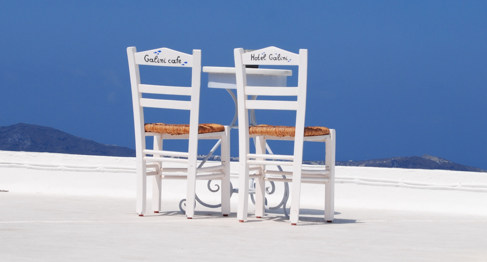 bílý, nebe, modrý, židle, sama, Řecko, ostrov, Nikon, Santorini, panoramatický, kavárna, D3000, navždy, produkt, signage, Galini, product design