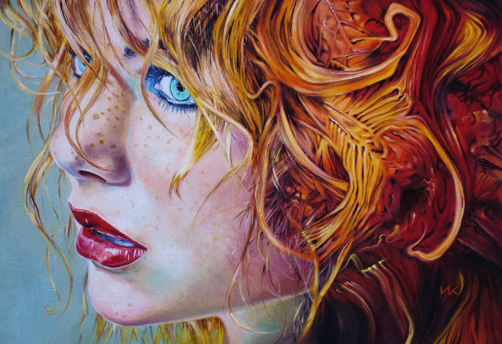 cara, desenhando, pintura, ilustração, mulheres, Ruiva, olhos azuis, obra de arte, Sardas, ARTE, cor, esboço, tinta acrílica