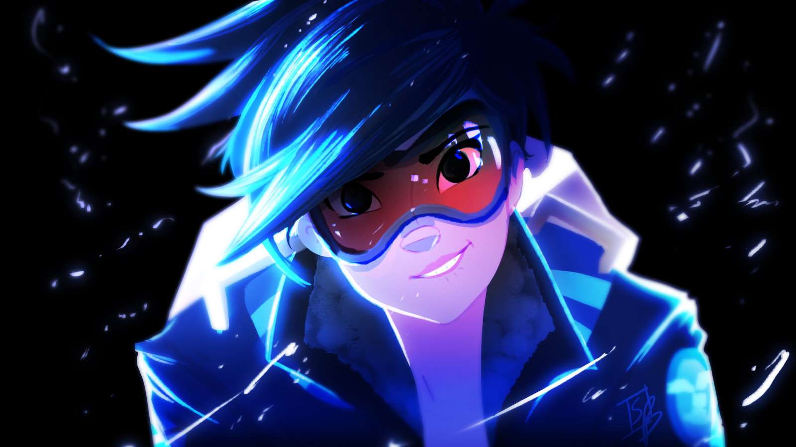 videohry, neon, anime, prostor, nebe, umělecká díla, modrý, černé vlasy, Overwatch, Tracer Overwatch, Blizzard Entertainment, půlnoc, tma, Snímek obrazovky, grafika, 3840x2160 px, počítač tapeta, člověk barva vlasů, fiktivní postava, mangaka, petrolejově modrá, cg artwork
