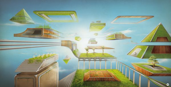 illustration,surreal,garden,room,house,pyramid