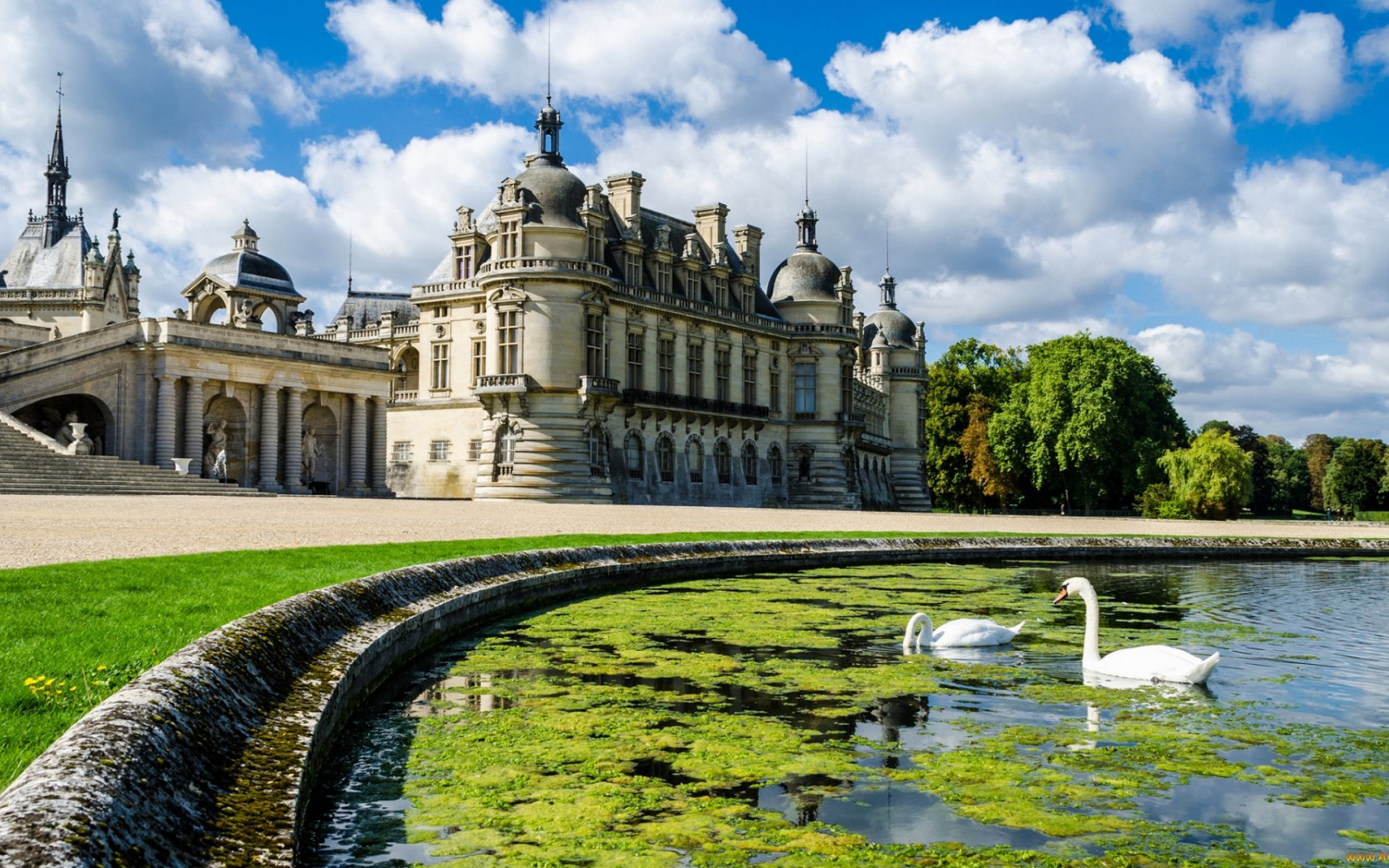 madarak, városkép, visszaverődés, park, felhők, Idegenforgalom, kastély, folyó, szobor, Franciaország, tavacska, palota, chateau, Chantilly, birtok, tájékozódási pont, vízi, impozáns otthon