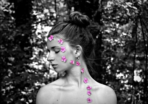 pink,flowers,girl,forest,blackandwhite,self