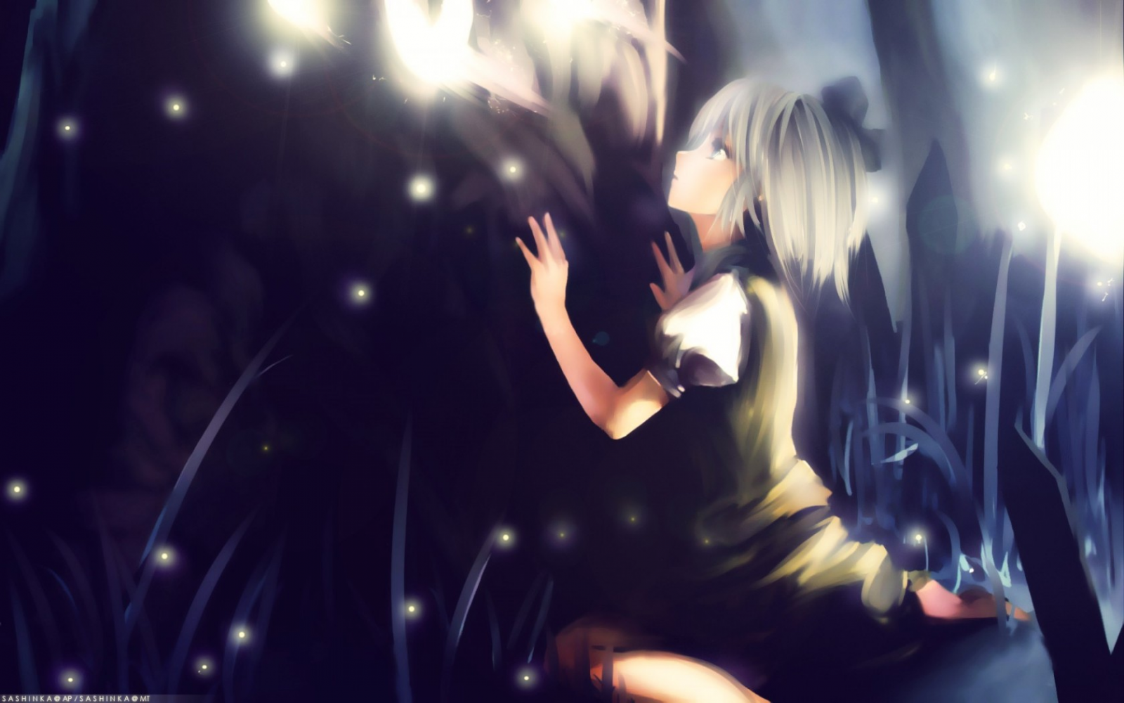 Fantasy art, capelli bianchi, anime, anime girls, erba, Touhou, nastro, Konpaku Youmu, divertimento, leggero, prestazione, palcoscenico, oscurità, concerto, concerto rock, arti dello spettacolo
