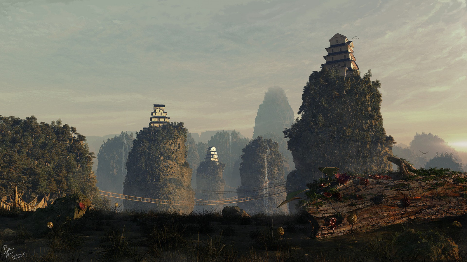 templo, Arquitectura asiática, rock, reflexión, Obra de arte, Colinas, noche, Mañana, castillo, torre, puente, restos, Terreno, montaña, punto de referencia, captura de pantalla, Fenómeno atmosférico