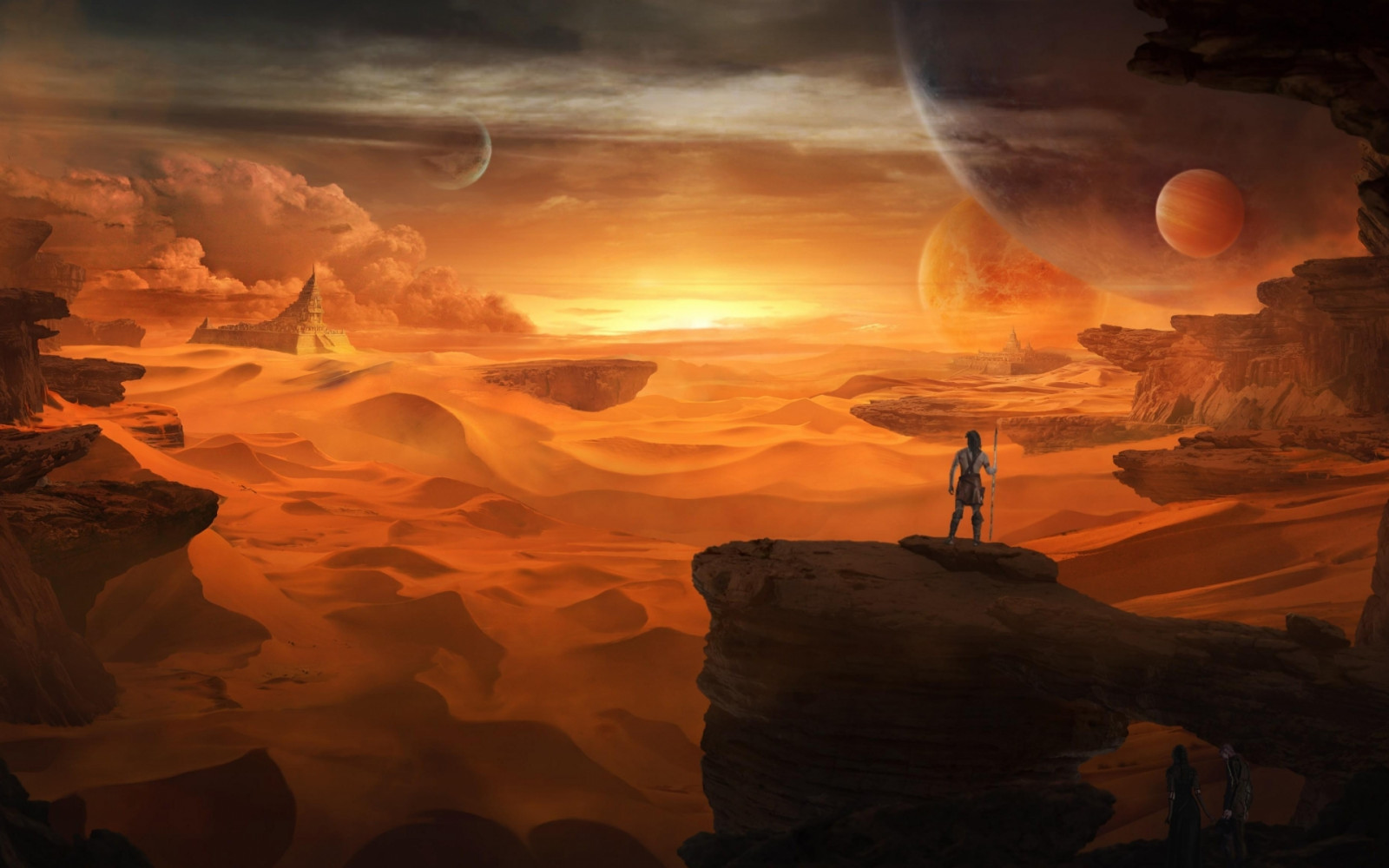 1920x1200 px, KUNST, fantasie, fi, landschappen, mensen, planeten, sci, hemel, speer, zonsopkomst, zonsondergang, krijgers