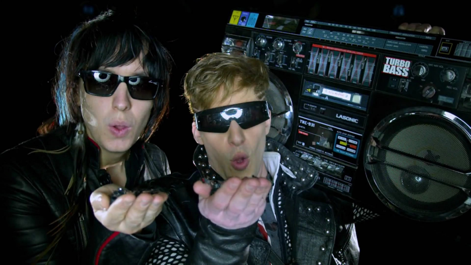 Wallpaper lonely island, band, boombox, glasses, palms 1920x1080