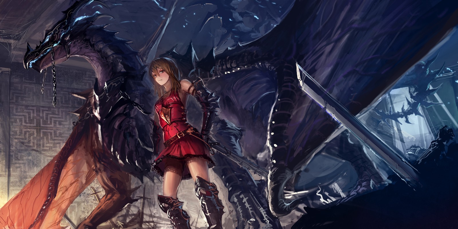 1600x800 px, anime, anime dívky, boty, hnědé oči, bruneta, Řetězy, drak, Dragon Wings, tesáky, fantasy umění, rukavice, dlouhé vlasy, při pohledu na diváka, odvrátila, otevři pusu, stojící, meč, zbraň