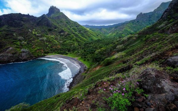 landscape, sea, nature, trees, mountains, waterfall
