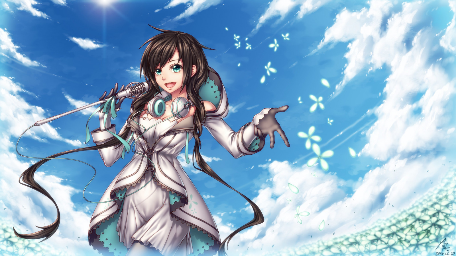 ilustrace, dlouhé vlasy, anime, anime dívky, nebe, mraky, mikrofon, sluchátka, počítač tapeta, mangaka